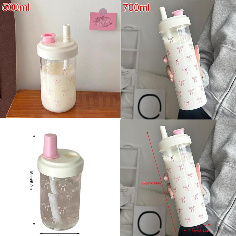 500/700Ml Pink Bow Water Cup With Straw Coffee Bubble Milk Tea Plastic Cup Large Capacity Students Water Bottle Straw Bottle