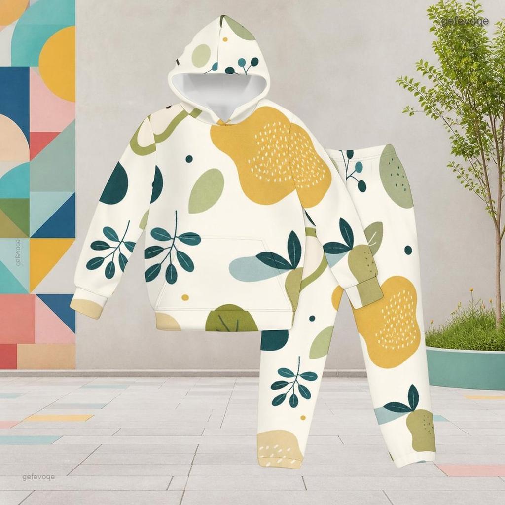 Girls Hooded Long Sleeve Fruit Leaf Printed Tracksuit Kangaroo Pocket Cuffed Pants Two Piece Set