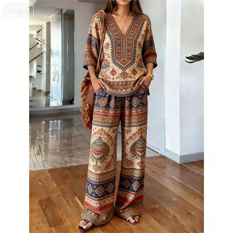 Printed temperament top wide-leg pants two-piece women's clothing European and American fashion suit