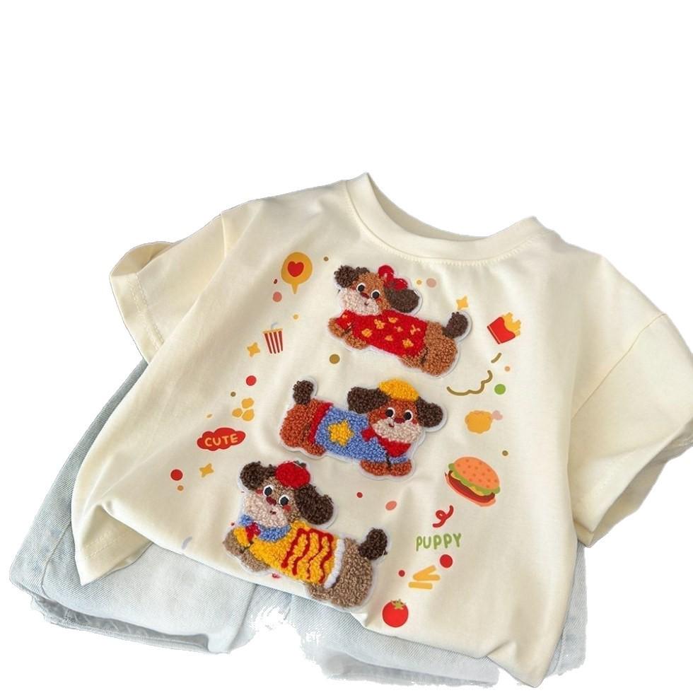 Sommer-Ankunft: Kinder Cartoon besticktes Baumwoll-T-Shirt (Kurzarm, Lockere Passform, Koreanischer Stil)