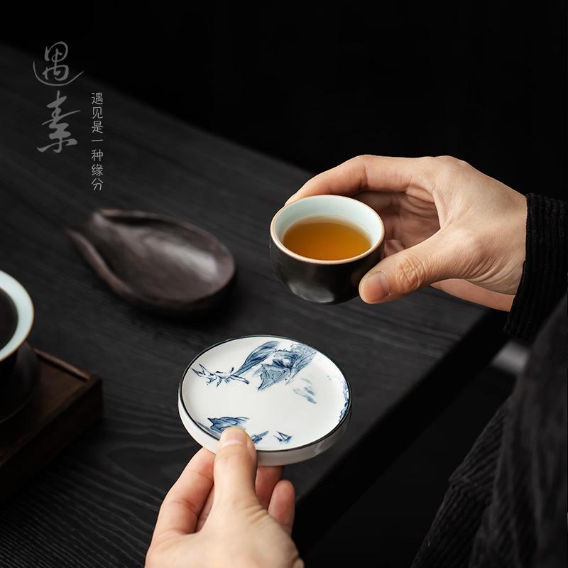 Ceramic Tea Set Coasters Heat-resistant Cup Holders Retro Underglaze Blue and White Porcelain Tea Ceremony Accessories