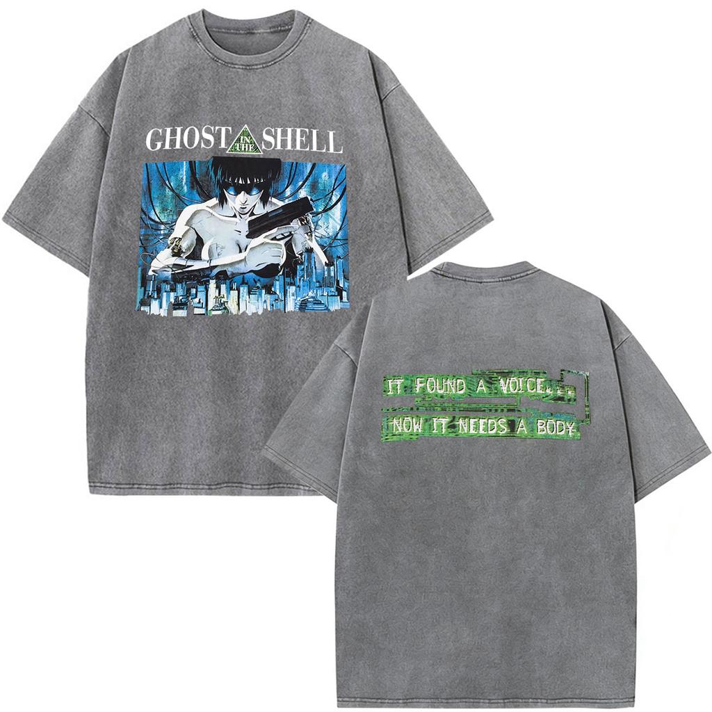 Anime Ghost In The Shell Motoko Kusanagi Vintage Washed T Shirts Men Women Clothing Casual Short Sleeve Oversized Tshirts Tops