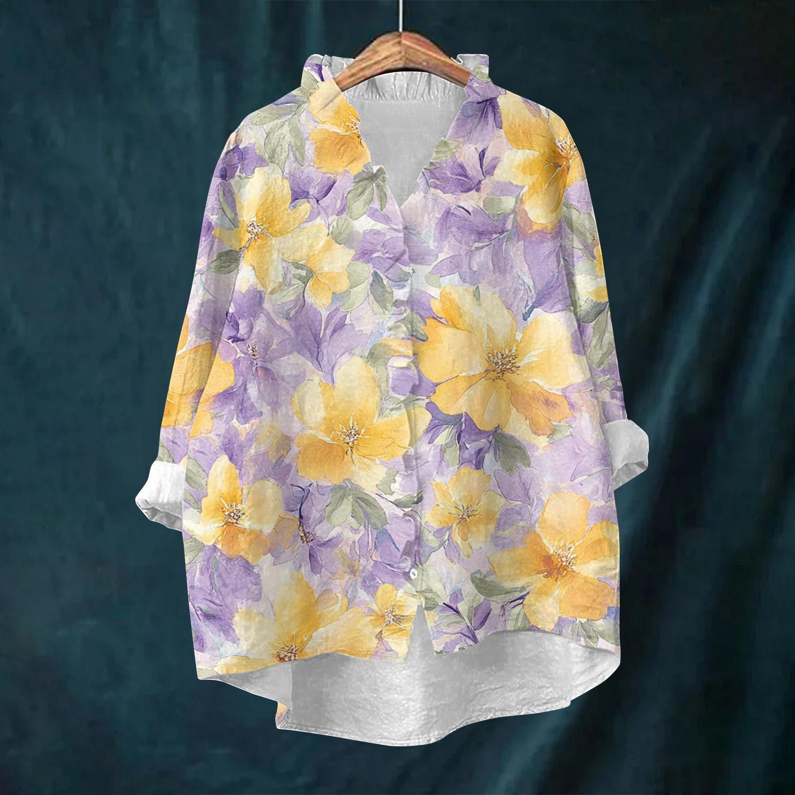 

Женский свободный топ с оборками, в стиле ретро, с цветочным принтом, воротником-стойкой и длинными рукавами, из хлопка и льна XL