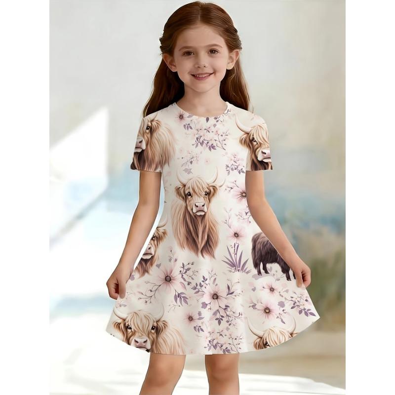 

Girls Unicorn & Floral -Line Dress - Short Sleeve Round Neck Tunic Dress with Elastic Suitable for Parties, 110