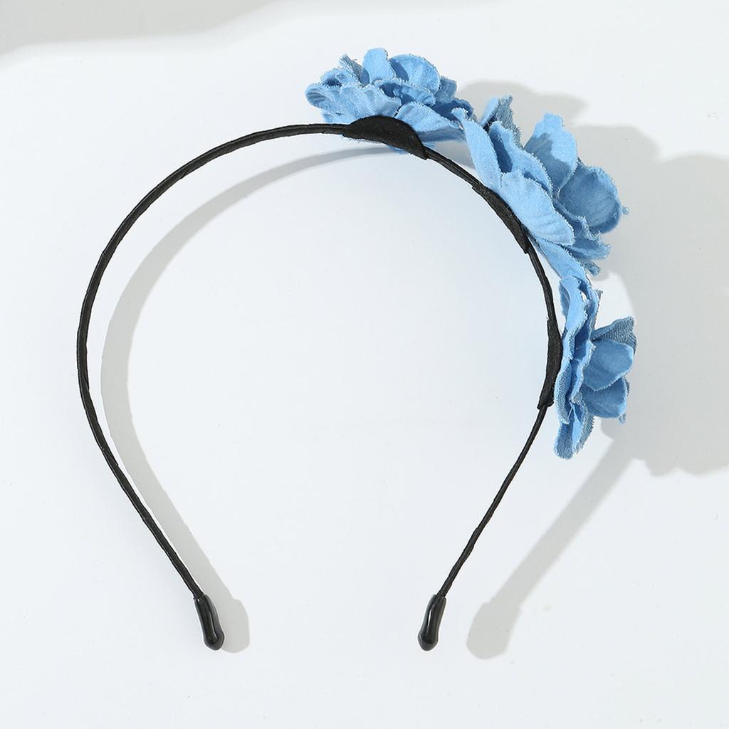 Blue Cloth Headband for Woman with Rose Shape Washed-Denim Headbands Non-slip Headbands Sweet Hairbands Yoga Supplies