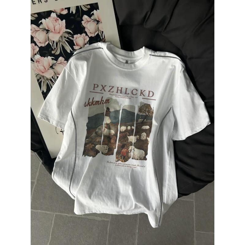 

Pure Cotton Sweet Style High Street Letter Short-sleeved T-shirt for Women Summer Loose and Cute Student Versatile Round Neck Top S белый