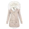Removal Faux Fur Collar Long Sleeve Waist Drawstring Zipper Buttons Closure Back Split Pockets Women Coat Autumn Winter Hooded Fleece Lined