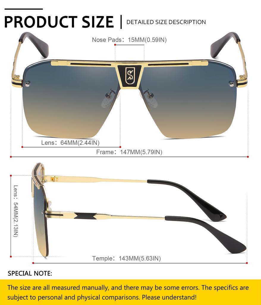 Retro Oversized Sunglasses for Men and Flat Vintage [SHEEN KELLY] Women, Square, Rimless, Top,