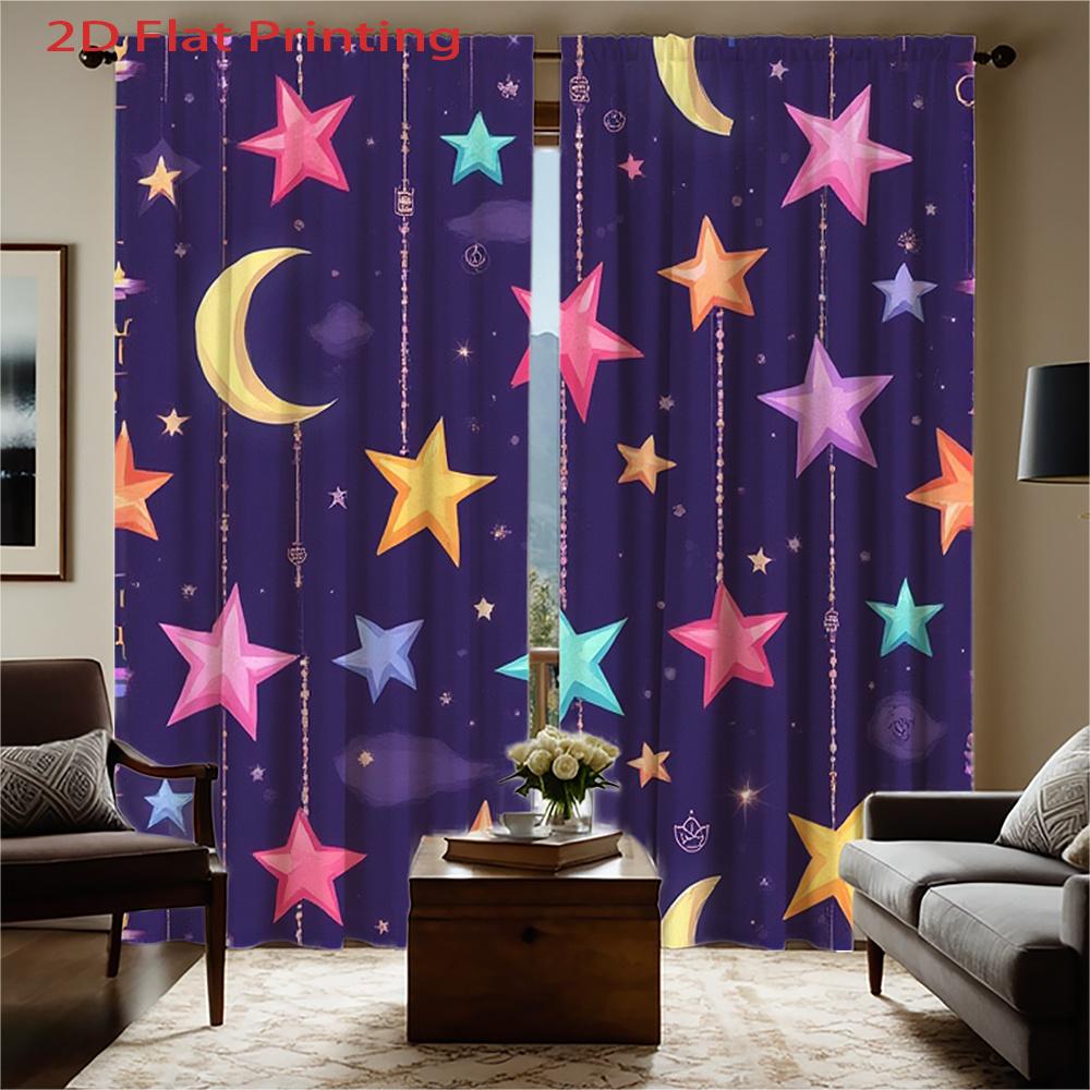 2D Flat   2pcs   2D Flat Printing Curtains   Colorful Stars Moons Night Sky Pattern. Rod Pocket Style with Velvet Fabric for Home