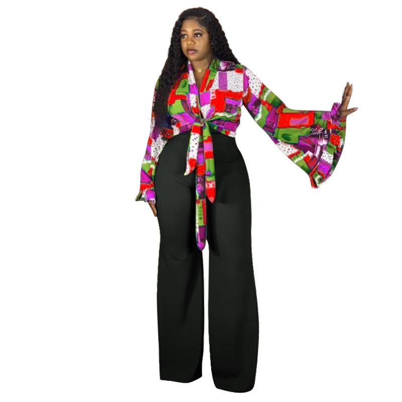 Women Plus Size Western Style Two Piece Set Flared Sleeve Top Wide Leg Pants Print