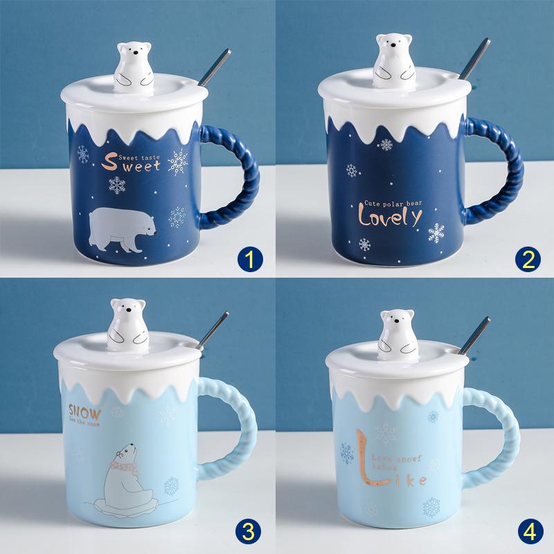 Cute Polar Bear Ceramic Mug With Lid Spoon Coffee Cups Creative Drinkware Coffee Tea Milk Cup Gifts