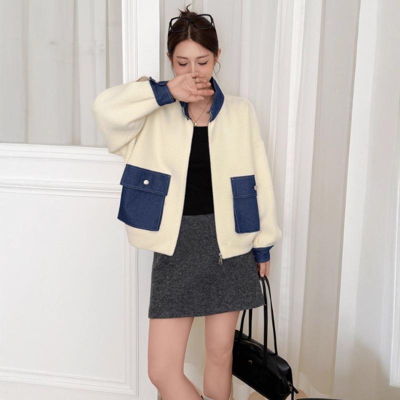 Autumn and Winter New Splicing Denim Knitted Double-sided Cardigan Design Sense Loose Zipper Sweater Jacket Women