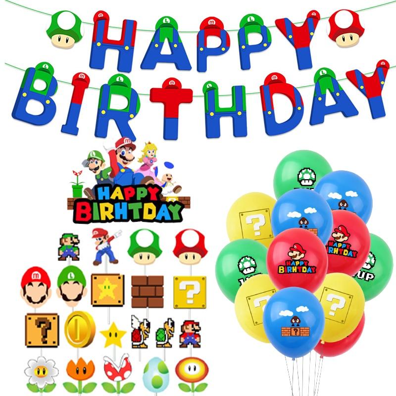 Super Mario Happy Birthday Party Decor Supplies Banner Balloon Cake Topper
