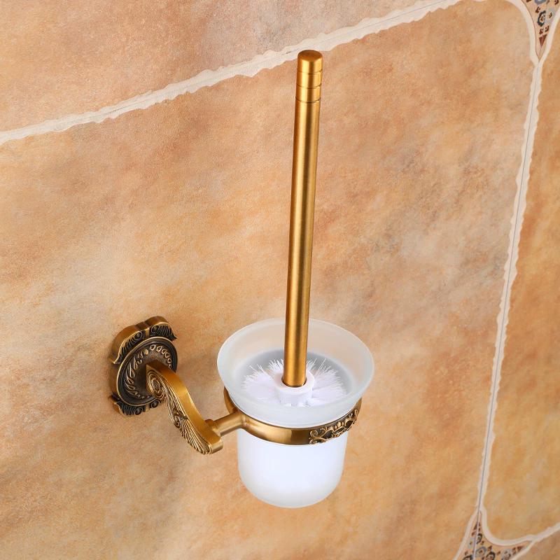 Tuqiu Antique Toilet Brush Holder with Brush Aluminum Carved Bathroom Toilet Scrub Cleaning Brush Holder Set