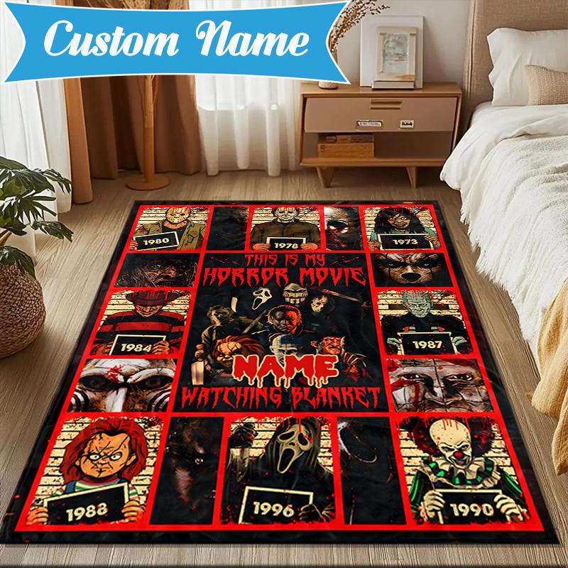 Custom Name orror characters Collage Rug for Living Room, Game Rooms, Office, Bedroom, Floor Mat Playful Design, fan gifts Christmas decor