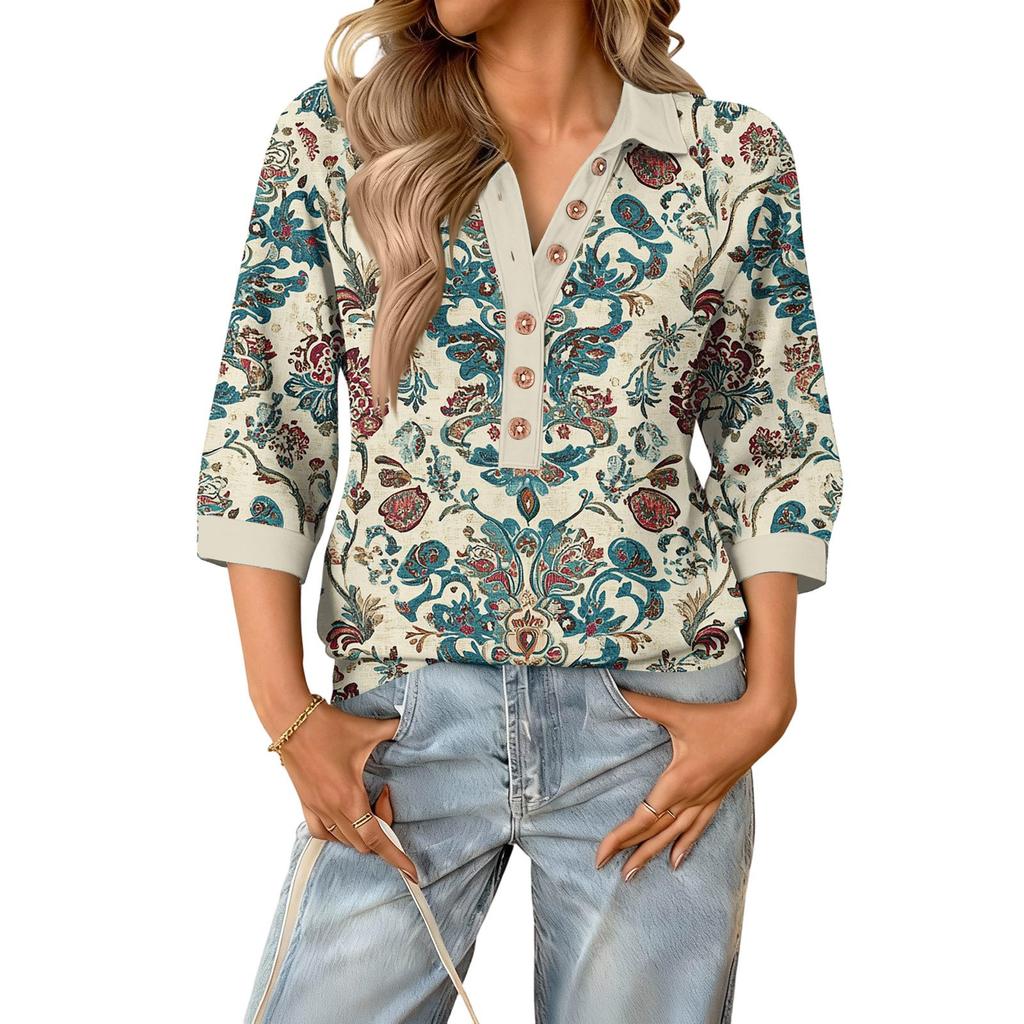 Damen modisches und lässiges Sommer V-Ausschnitt Patchwork Dreiviertelarm Retro Oberteil