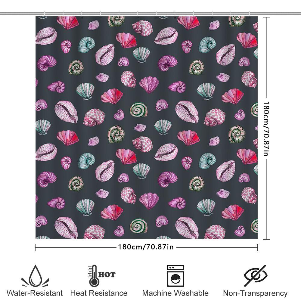 Watercolor Seashells Pattern Shower Curtain Pink Green Purple Shells Bath Decor With Metal Hook Perfect For Beach House Bathroom