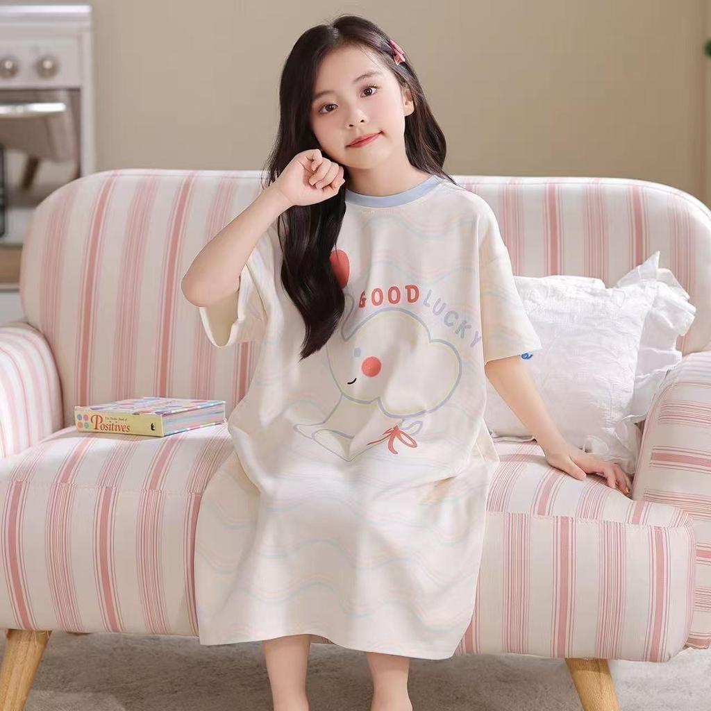 Cartoon Style Girls' One-Piece Summer Nightgown - Thin, Cute, Soft for Medium/Older Kids, Ideal for Home Air Conditioning.