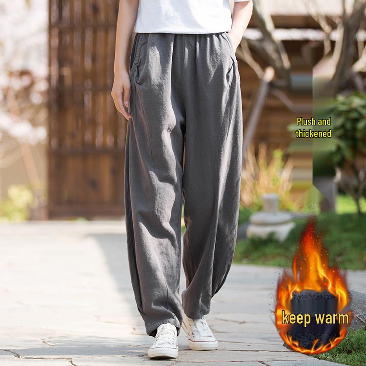 2025 Spring & Summer Loose Fit Ramie-Cotton Women's Yoga Pants - Sand-Washed Casual Bloomers