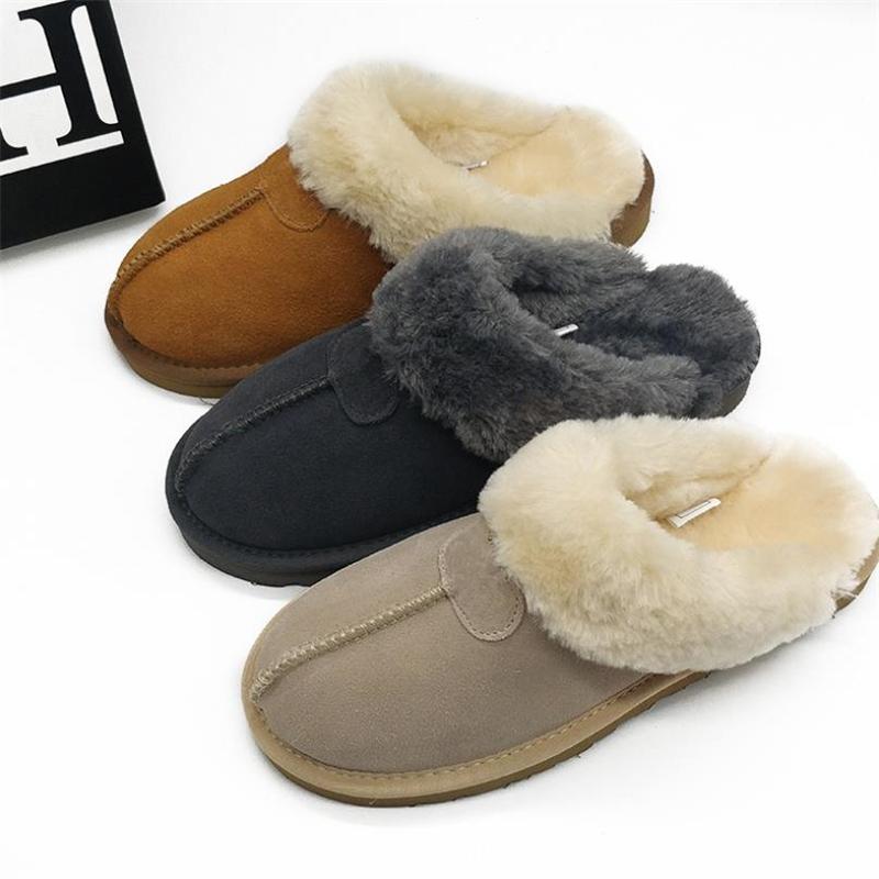 

Female Winter Slippers 100% Genuine Leather Slippers Faux Fur Women Warm Indoor Shoes Fluffy Wool Couples House Slippers