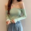 Women's Solid Color Off Shoulder Halter Slim Knitted Long Sleeves Tops