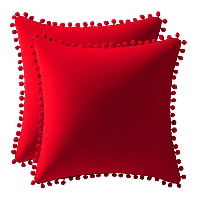 Set of 2 Velvet PIllowcase Solid Cushion Cover with Pom Poms Ball Throw Pillow Covers for Home Bed Sofa Decor 45X45  30X50 Cm