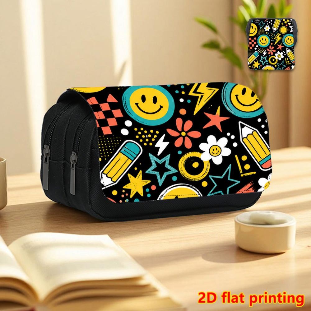 Black Background Multicolor Smiley Print Double-Layer Flip-Top Black Pencil Case - Back-To-School Essential Pencil Box, Daily Multifunctional Makeup B