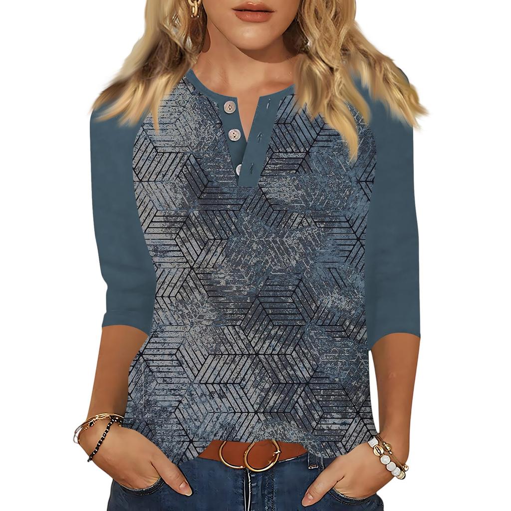 Women's T Shirt Print Button 3/4 Sleeve Daily Weekend Fashion Basic V- Neck Regular Top