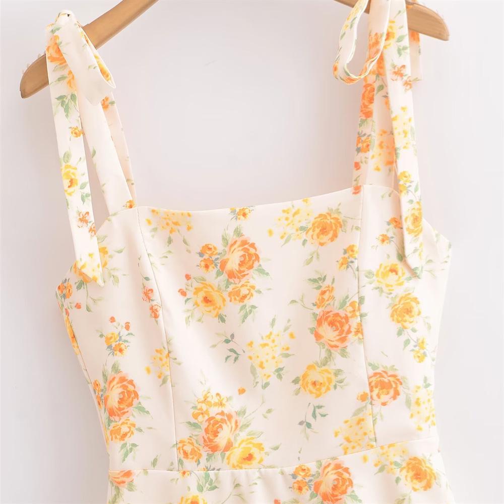 2025 Spring/Summer Women's Floral Bow-Tied Spaghetti Strap Dress