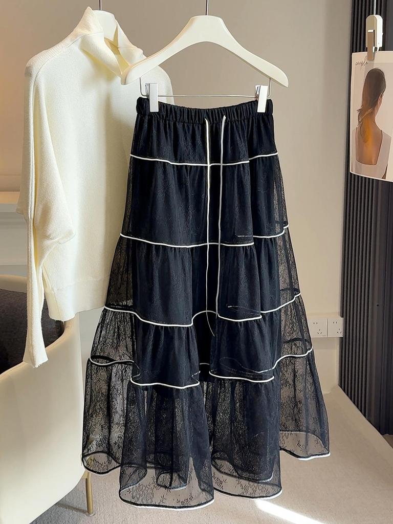 French Romantic Lace Pleated A-Line Skirt – Elegant Mid-Length Layered Cake Design for Spring/Autumn