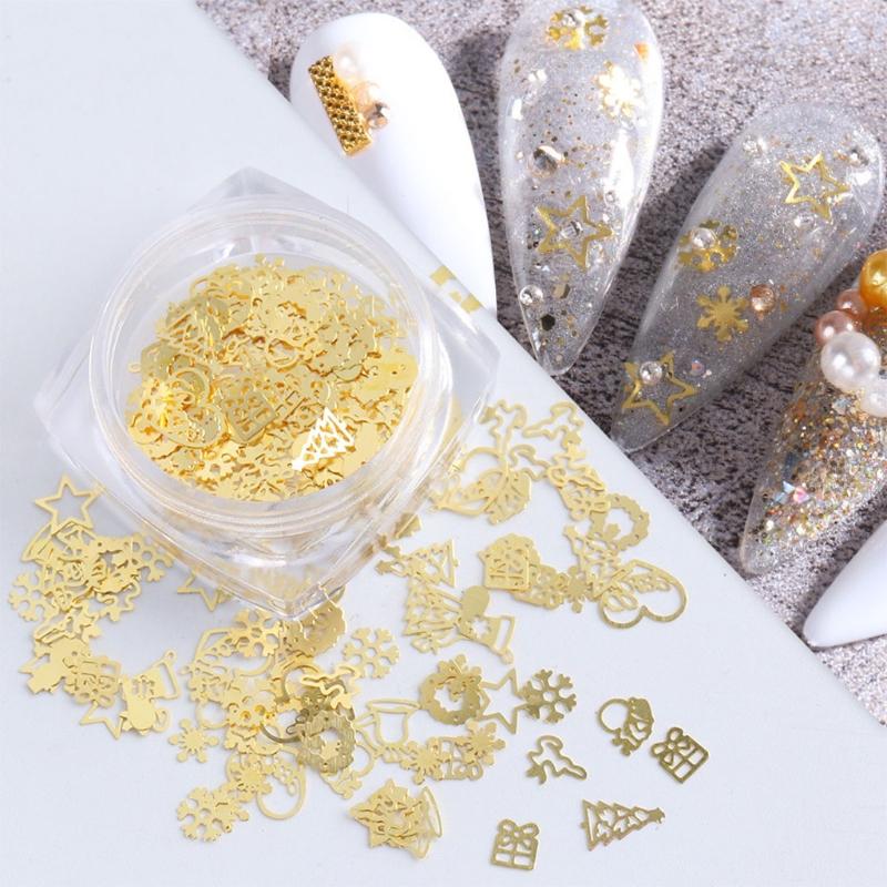 Celebrate Christmas Golden Nail Sequins Paillette 3D Metal Nail Art Charms Decoration Snowflake X'mas Boots Trees Pack