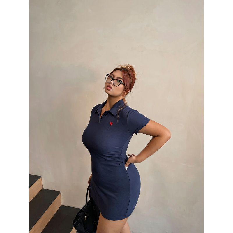 

Brother Nan Loose-Fit Preppy Style Polo Collar Dress Women s Summer New Arrival plus Size Waist Fitted Figure Flattering Plus Size Ladies Hip Skirt Blue short L