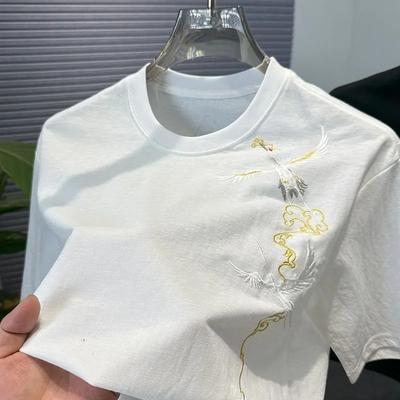 Men's Ne Embroidery Short Sleeve T-Shirt Casual Crew Neck Chinese Style Top