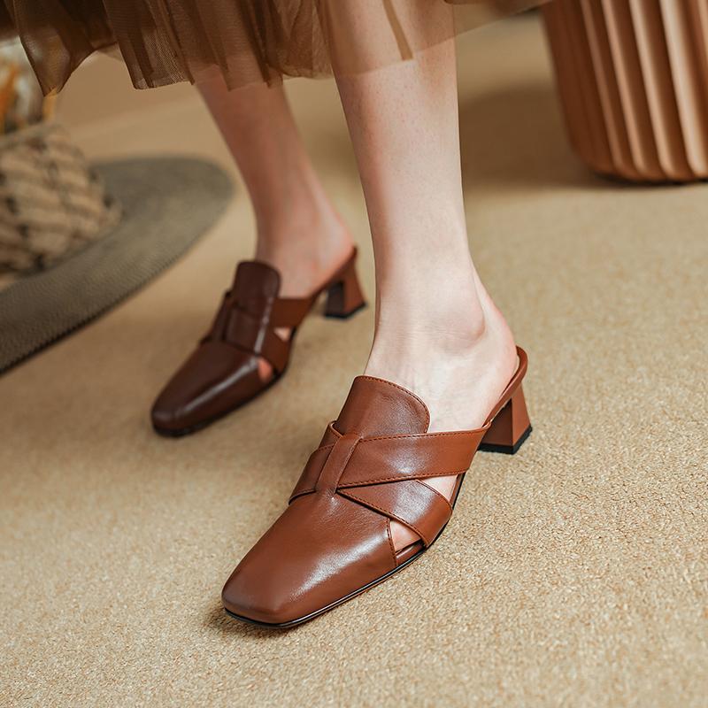 Fashion 2024 Summer Women Mules Genuine Leather Women Shoes Square Toe High Heel Slippers Cover Toe Slingback Sandals Embroidery Shoes