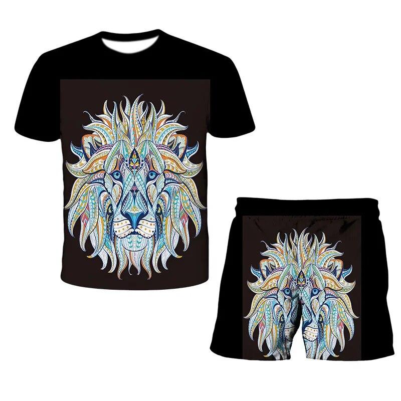 König der Löwen 3D-Druck Sommer Herren O-Ausschnitt T-Shirt Set Casual T-Shirt Shorts 2-teiliges Set Übergroßer Pullover Trainingsanzug Trend Herrenkleidung