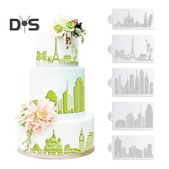 Plantilla para pastel, herramientas para hornear con patrón de construcción de punto de referencia, molde en relieve para decoración de postres DIY de PVC, 5 uds.