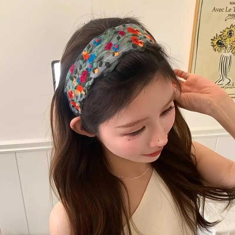 2pcs Women'S Floral Lace Headbands - Vintage Bohemian Wide Non-Slip Mesh Hairbands with Comb Teeth, Colorful Flower Embroidery