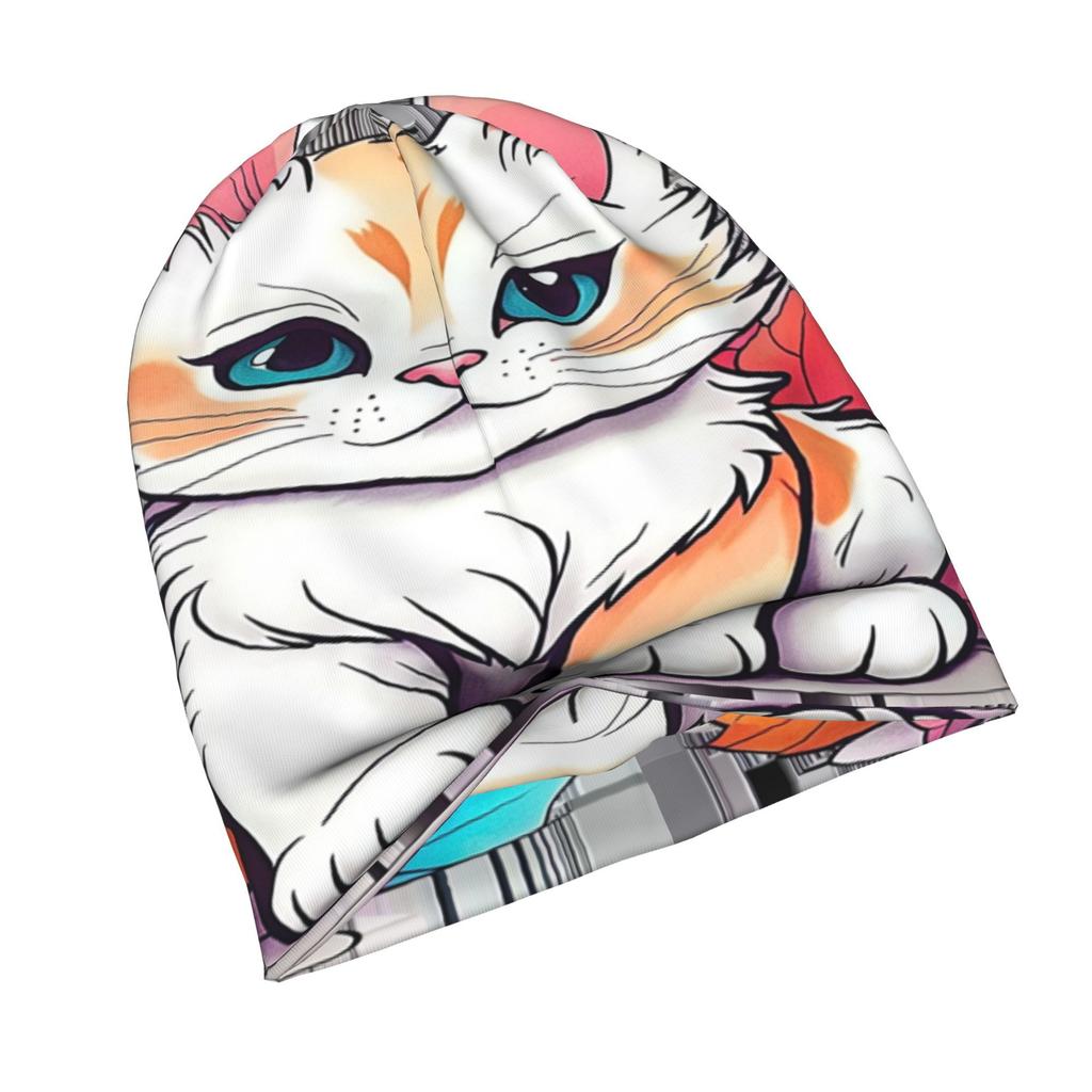 2D Flat Printing Sweet Kitty Cat Print Knit Hat with Subtle Fashion Details, Ideal for Adults Seeking Texture And Character in Cold-Season Daily Wear
