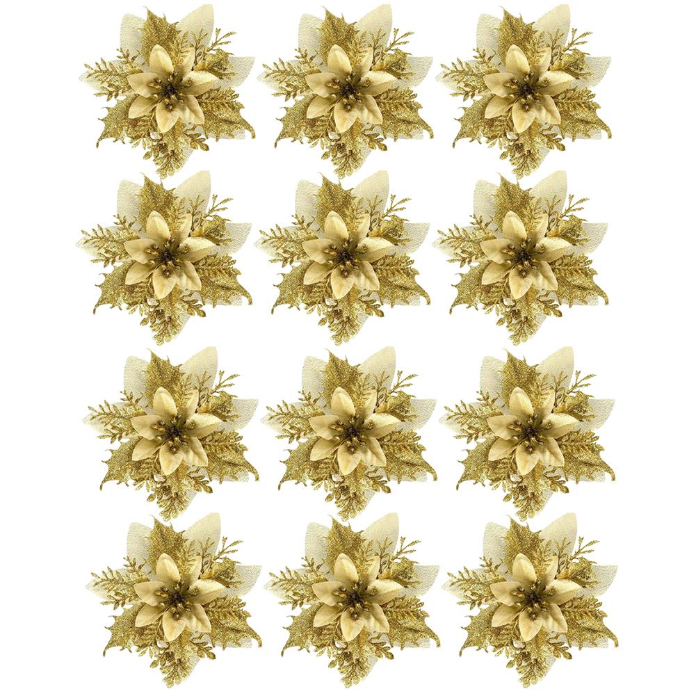 12Pcs Christmas Poinsettia Artificial Poinsettia Multi-Function Christmas Tree Flowers Ornaments for Holiday Party Festival