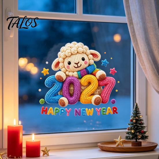 Removable Holiday Stickers Chinese New Year Window Stickers, 2027 Goat Static Clings, Reusable Easy Apply Film Crochet Knit Lamb Decor for Home