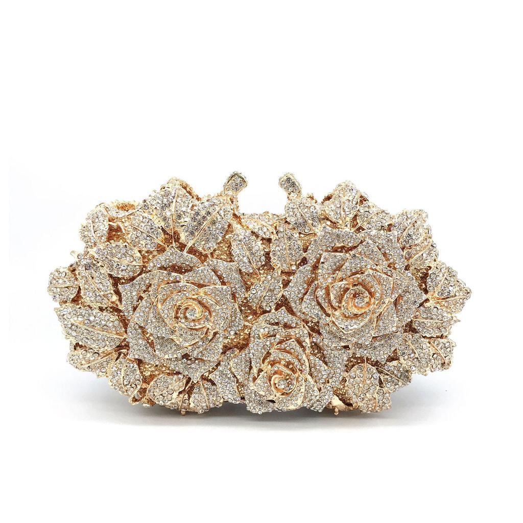 Elegante Borsa a Pochette da Sera in Cristallo e Strass a Forma di Rosa