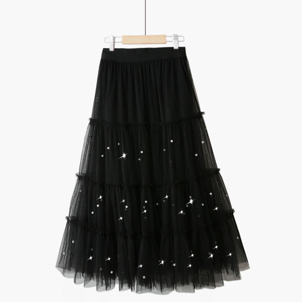 Wiosenna słodka retro wróżka jednokolorowa, z wysokim stanem, przybijana, pompowana spódnica z koralikami, tren średniej długości, pół spódnicy