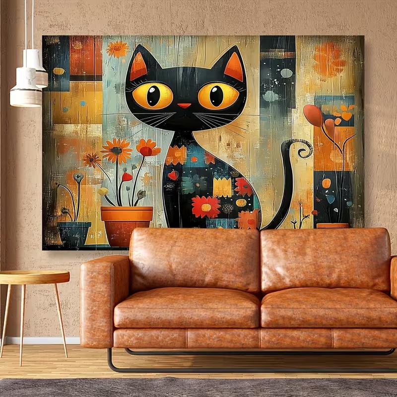 2D Retro Folk Art Cat Tapestry, Whimsical Black Cat with Floral Pots Scene Backdrop for Bohemian Spaces