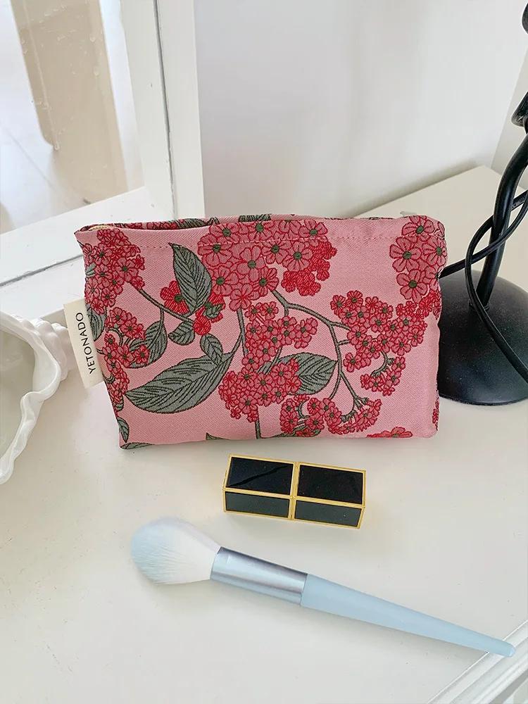 INS Style Vintage Flowers Cosmetic Bag Portable Hand Cosmetic Bag Travel Out Toiletries Storage Bag Makeup Tools Storage Pouch