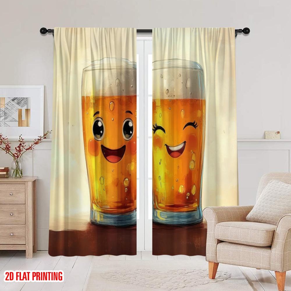 2pcs,2D Plane Printing Print Curtains Happy Beers Versatile Polyester Fabric (without Rod) Decorations Outdoor for Bedroom,