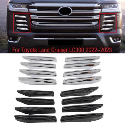 8PCS For Toyota Land Cruiser 300 LC300 2022 2023 Chrome Black Carbon Fiber Front Bumper Grille Trim Strip Cover Cap Lid