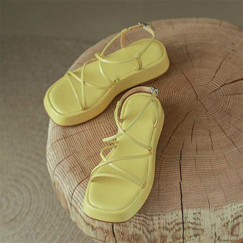Meotina Femmes chaussures en cuir véritable plate-forme été boucle sandales sangle croisée chaussures pour dames abricot jaune cuir de vache