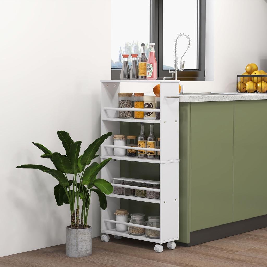 Multifunkční regál na kolečkách, úzký design, 4 přihrádky, 45x15x91 cm, bílý