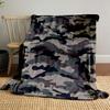 The image features a green, brown, black, and beige camouflage pattern. for all seasons blanket lunch break throw gift