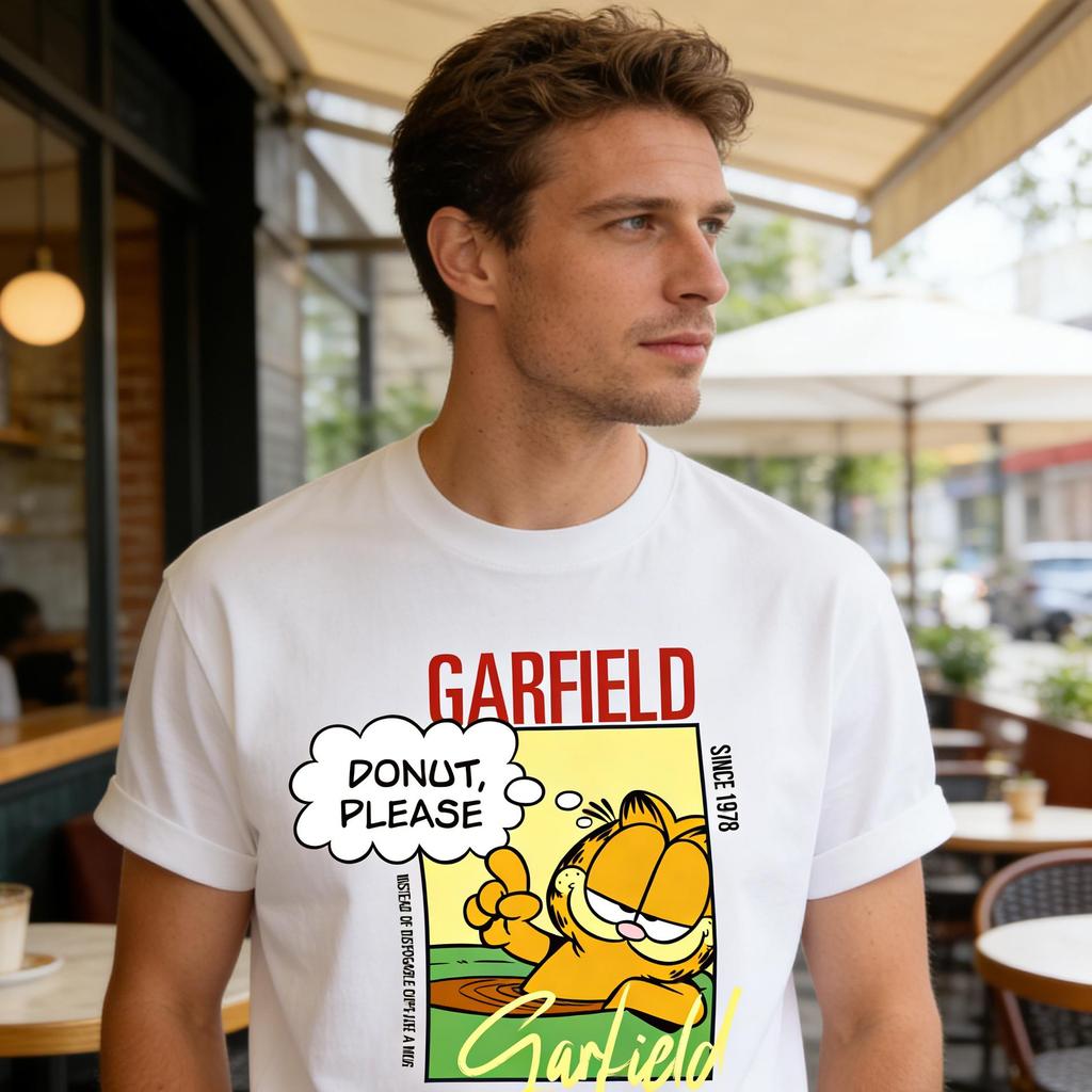 Garfield "DONUT PLEASE" Donut Funny Print Short Sleeve T-Shirt, American Streetwear Brand Heavyweight Cotton Loose Fit Oversized Couple Top